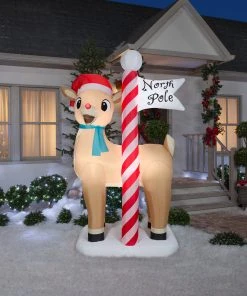 Gemmy Airblown Inflatable Rudolph The Red Nosed Reindeer With North Pole Sign, 7.5 Ft Tall Christmas