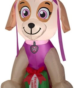 Gemmy Christmas Airblown Inflatable Skye With Present, 3 Ft Tall, Pink