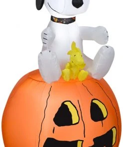Gemmy Christmas Airblown Inflatable Snoopy W/Halloween Collar And Woodstock On Pumpkin, 3.5 Ft Tall