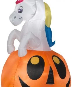 Gemmy Airblown Unicorn W/Colorchanging Horn Out Of Pumpkin Scene (RGB), 5 Ft Tall, Multicolored