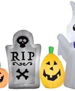 Halloween Gemmy Airblown Ghost In Cemetery Scene , 5 Ft Tall
