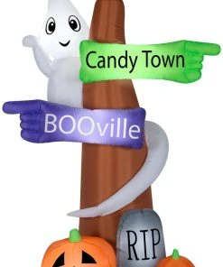Gemmy Airblown–Ghost Wrapped Around Sign Post Scene, 8 Ft Tall, Purple Halloween