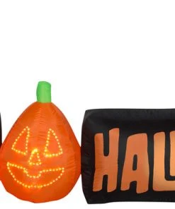 Gemmy Lightshow Airblown Micro Lights Sign Happy Halloween W/Ghosts And JOL Scene (White), 3 Ft Tall