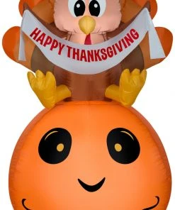 Gemmy Airblown Inflatable Pumpkin And Turkey With Happy Thanksgiving Banner, 4.5 Ft Tall, Orange Halloween