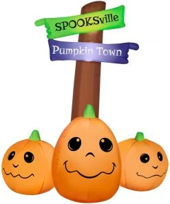 Coming Soon Gemmy Airblown Inflatable Halloween Sign With Jack O' Lantern Trio, 5.5 Ft Tall, Orange