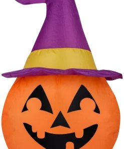 Gemmy Airdorable Airblown Jack O' Lantern W/Purple Hat, 1.5 Ft Tall, Orange Halloween