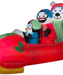 Gemmy 7' Animated Airblown Inflatable Penguin With Snowman On Bobsled
