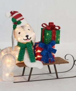 Everstar 31-1/2" UL Plush Dog And Sleigh Sculpture